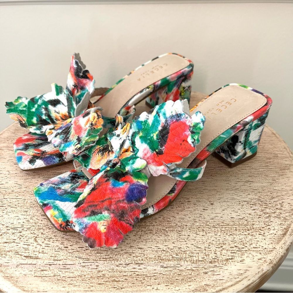 Cecelia New York Leather Hibiscus Heeled Sandals Hazel Multi Floral Sz 6.5